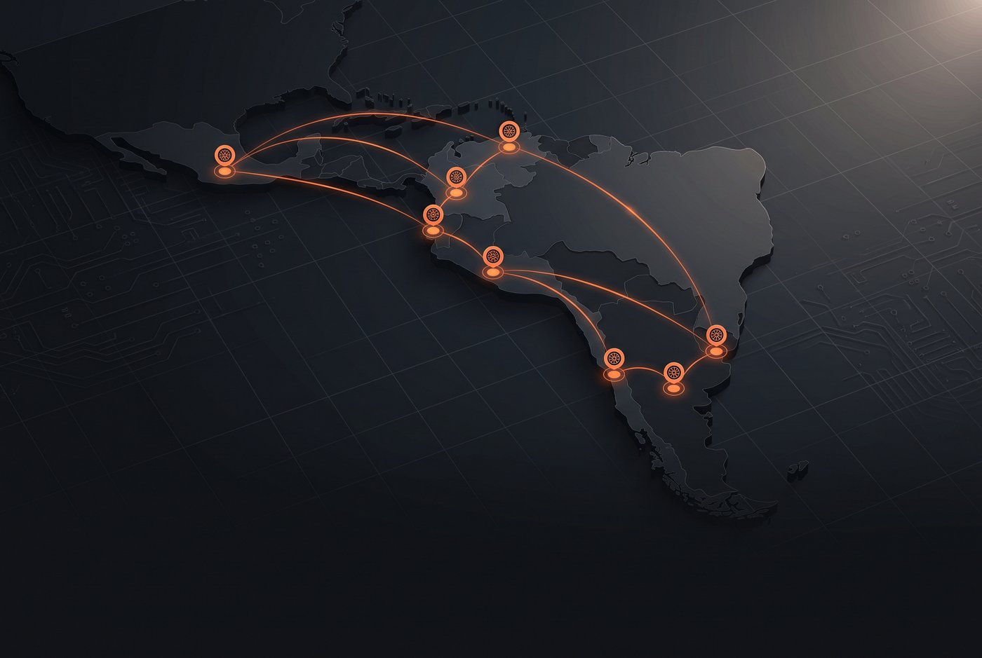 Mapa de América Latina con los ocho países de la Alianza MotoLatam conectados en red