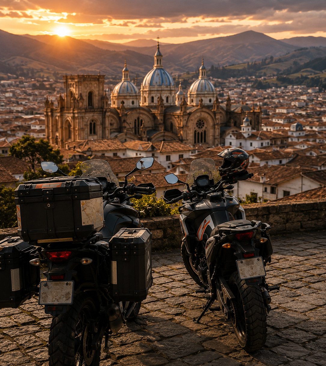 Motocicletas de viaje frente a la Catedral de la Inmaculada Concepción de Cuenca al atardecer